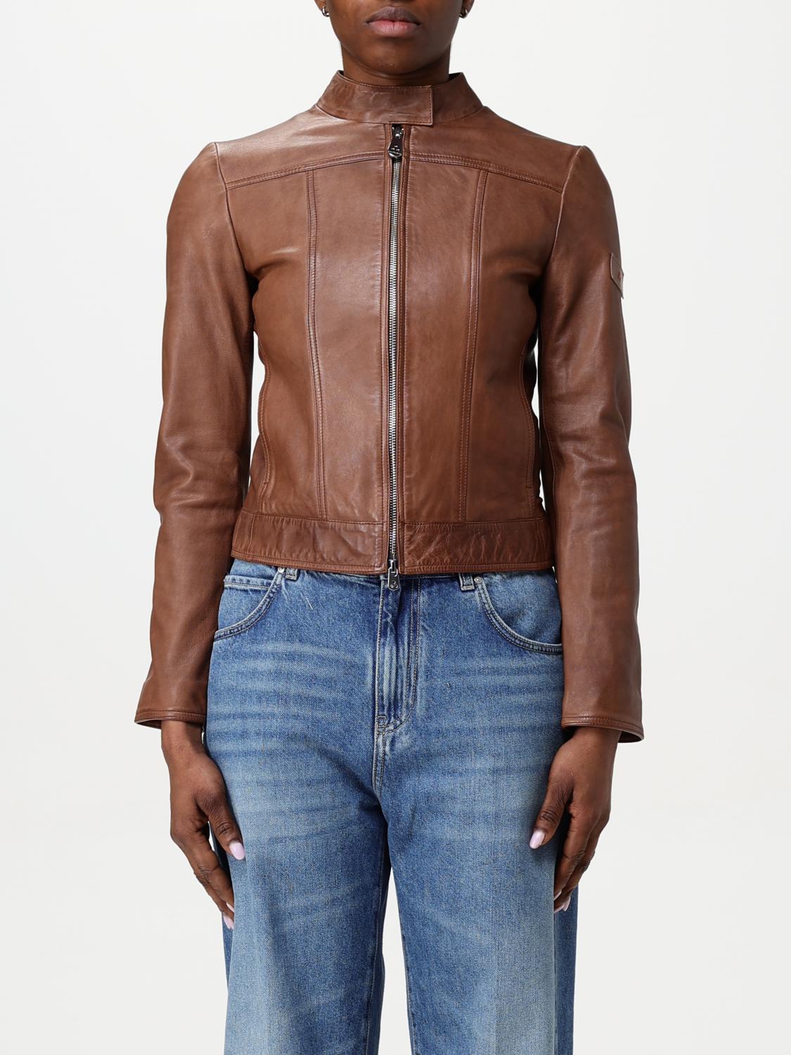 Peuterey Brown Leather Jacket With High Collar In Brown