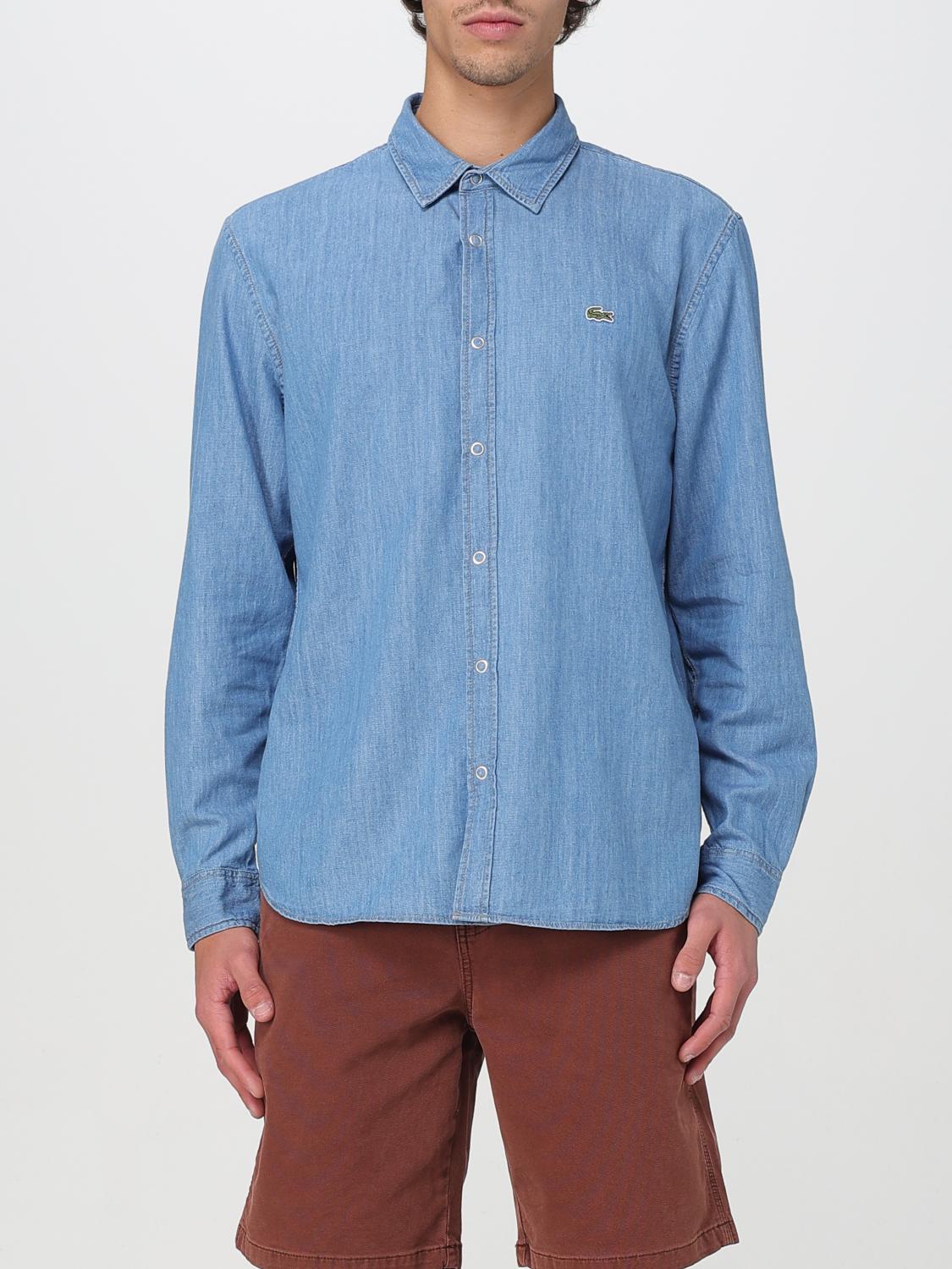 Lacoste Organic Cotton Denim Shirt With Embroidered Crocodile Logo In Gnawed Blue