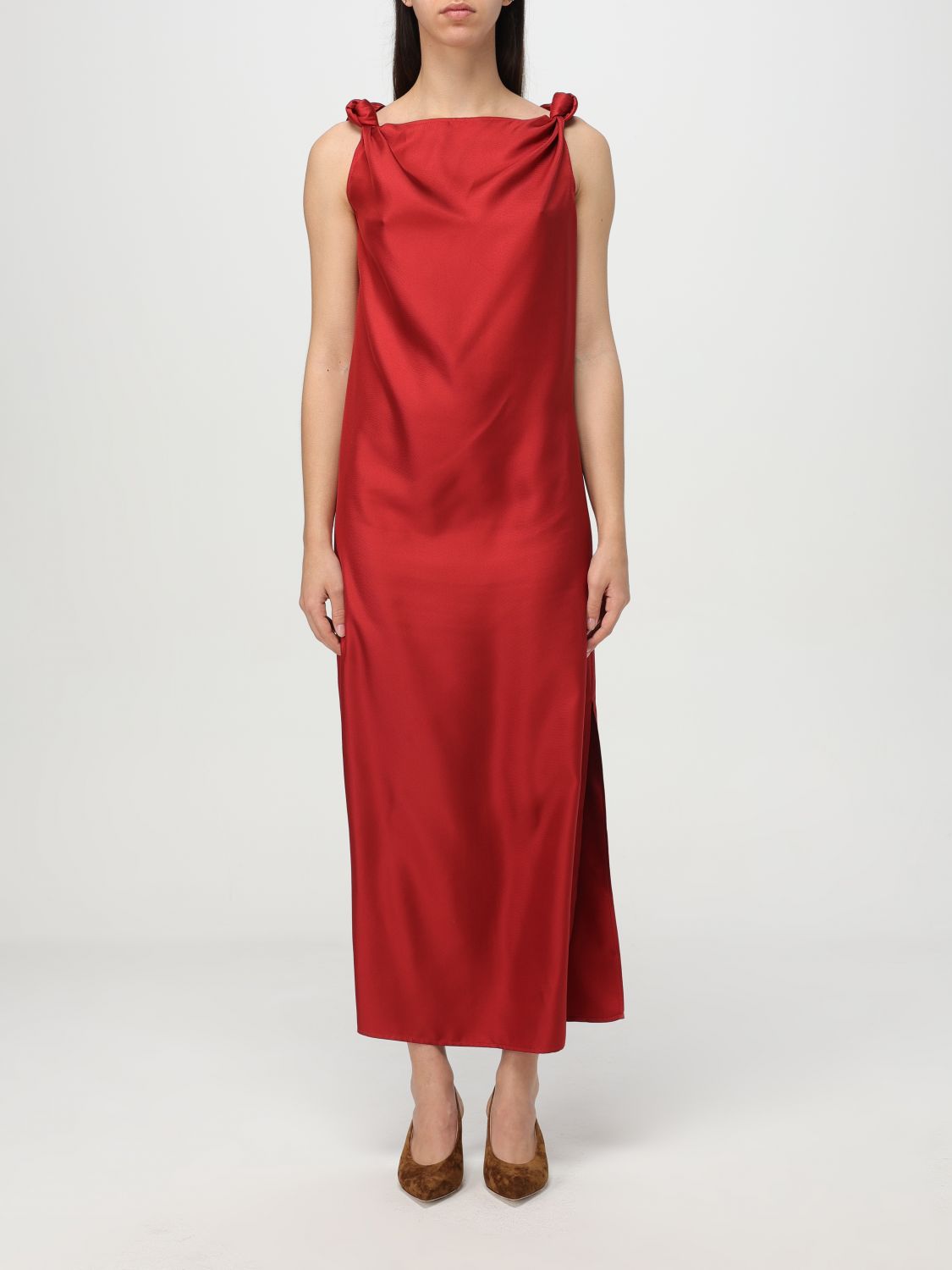 Loulou Studio Moun Sleeveless Draped Silk Midi Dress In Red