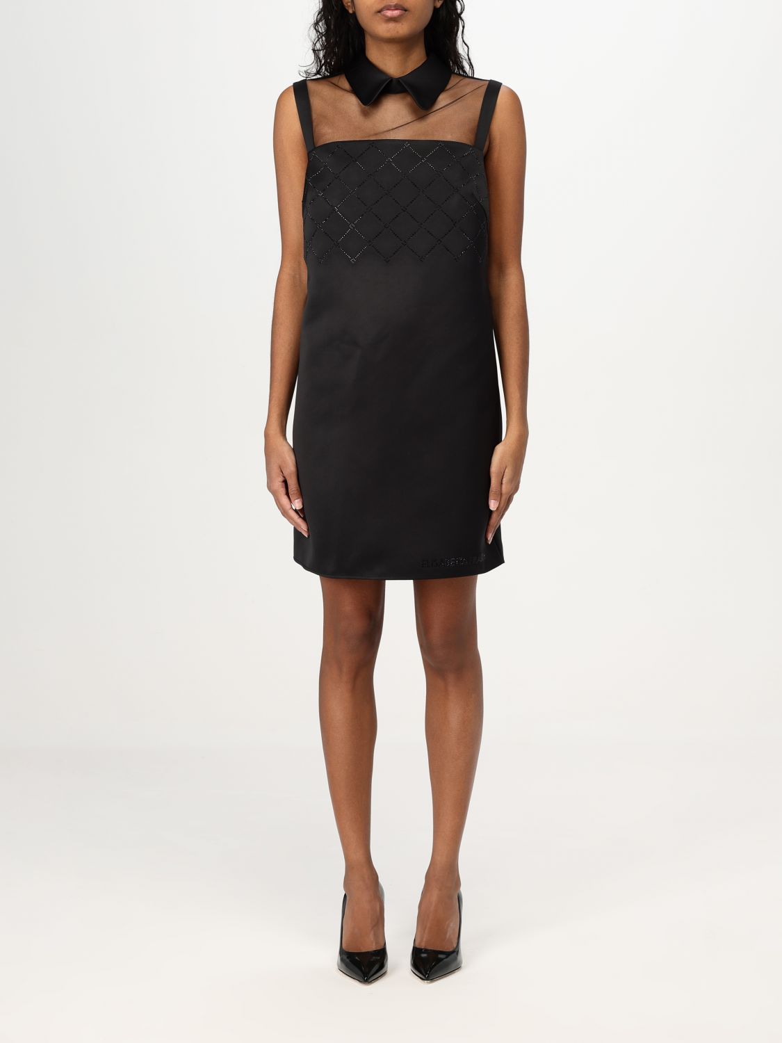 Elisabetta Franchi Dress With Embroidery And Sheer Panel In Black