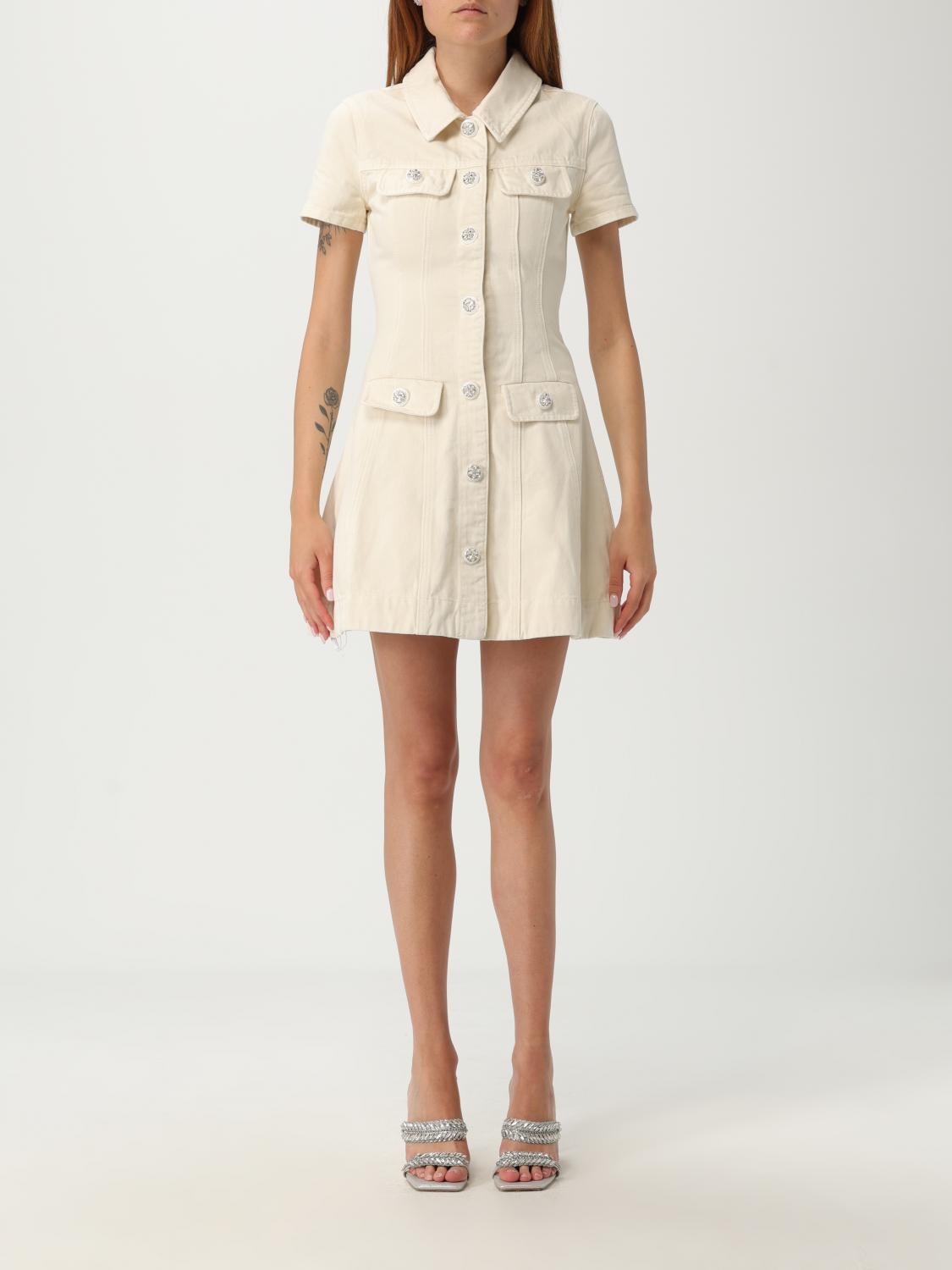 Self-portrait Structured Beige Dress With Classic Collar And Flap Pockets