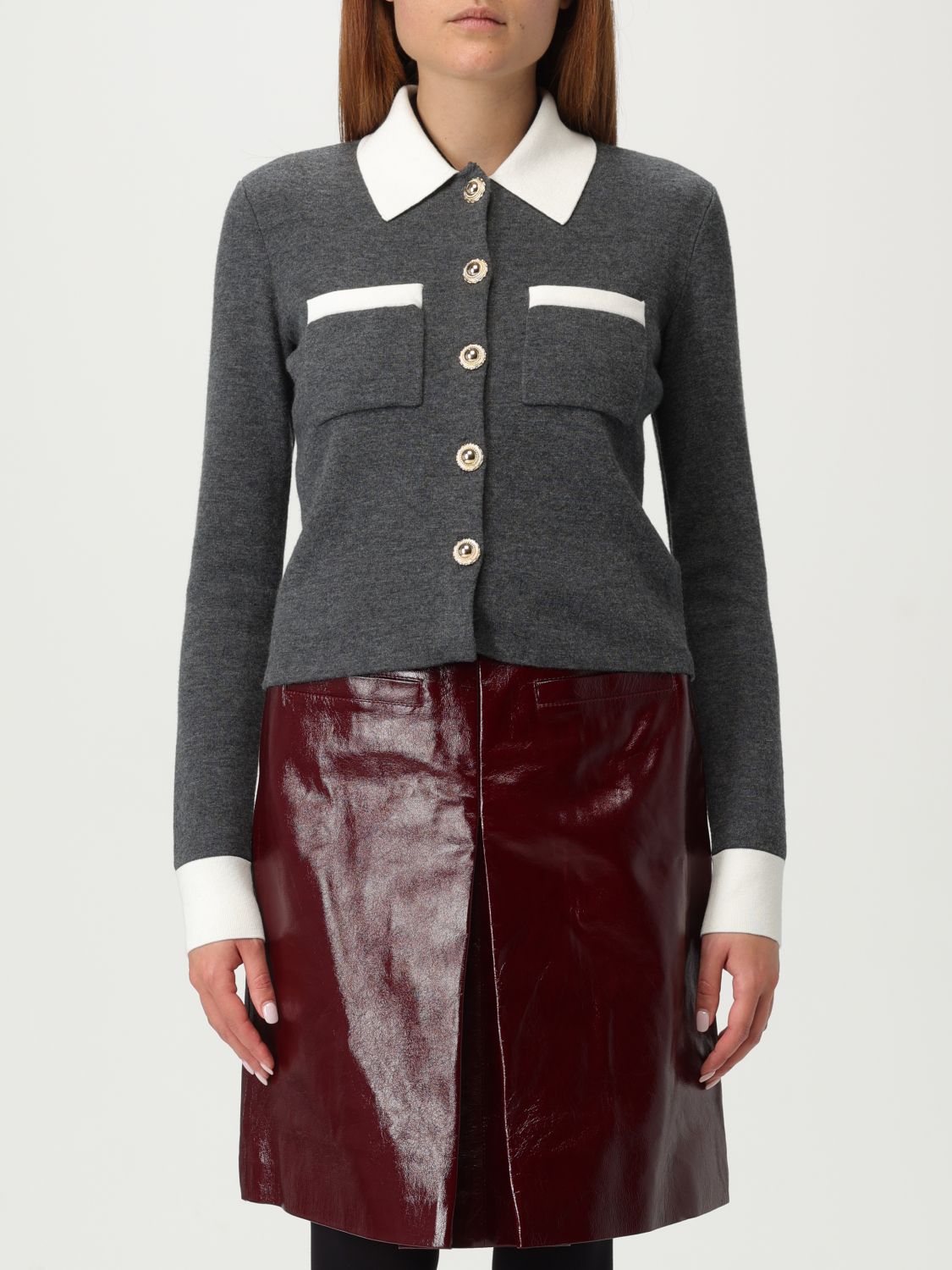 Self-portrait Self Portrait Women Wool Blend Cardigan With Contrasting Collar In Gray
