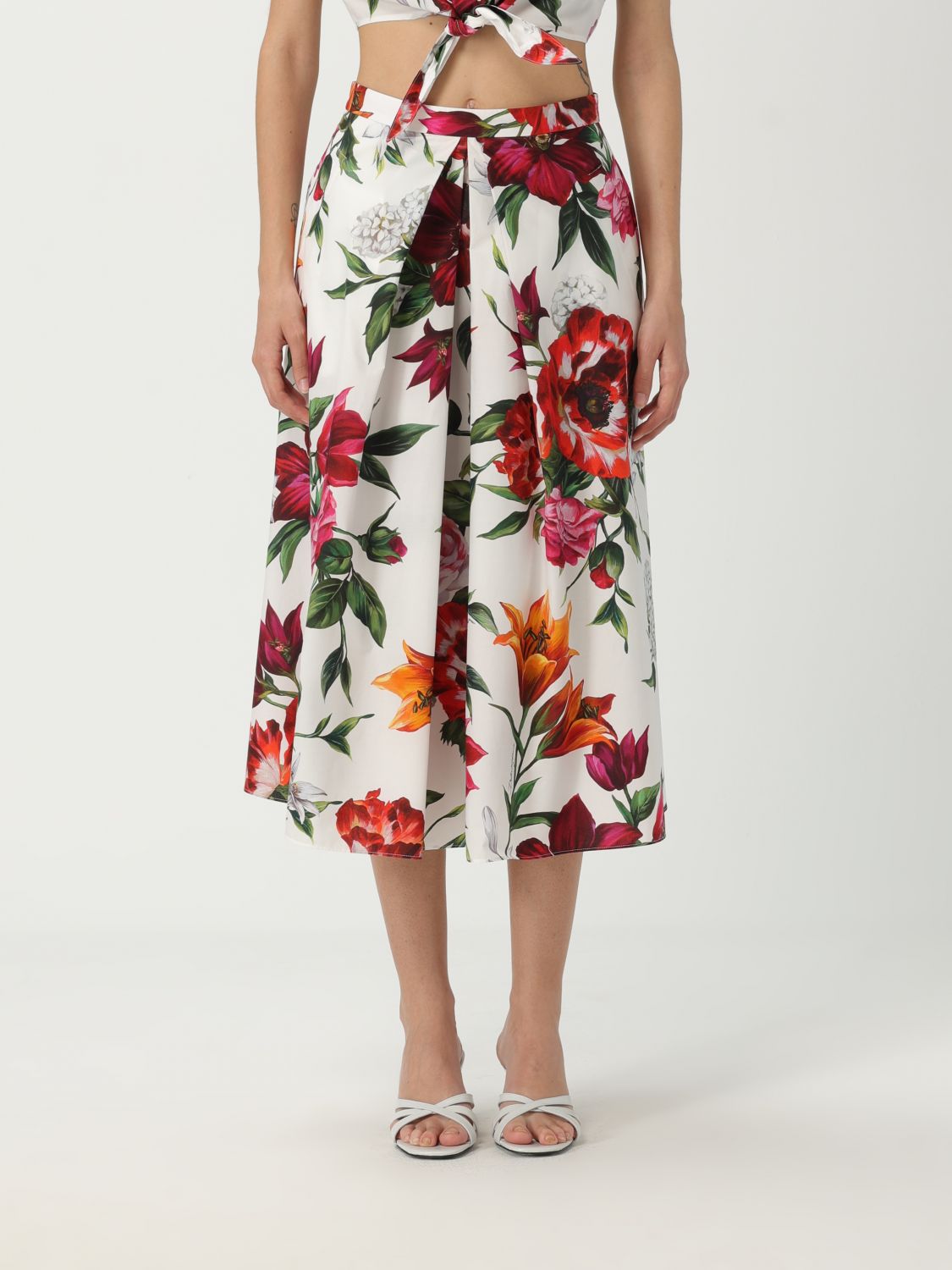 Dolce & Gabbana Multicolor Midi Skirt With All-over Floral Print And Rear Zip Closure In Cotton Woman In Multi
