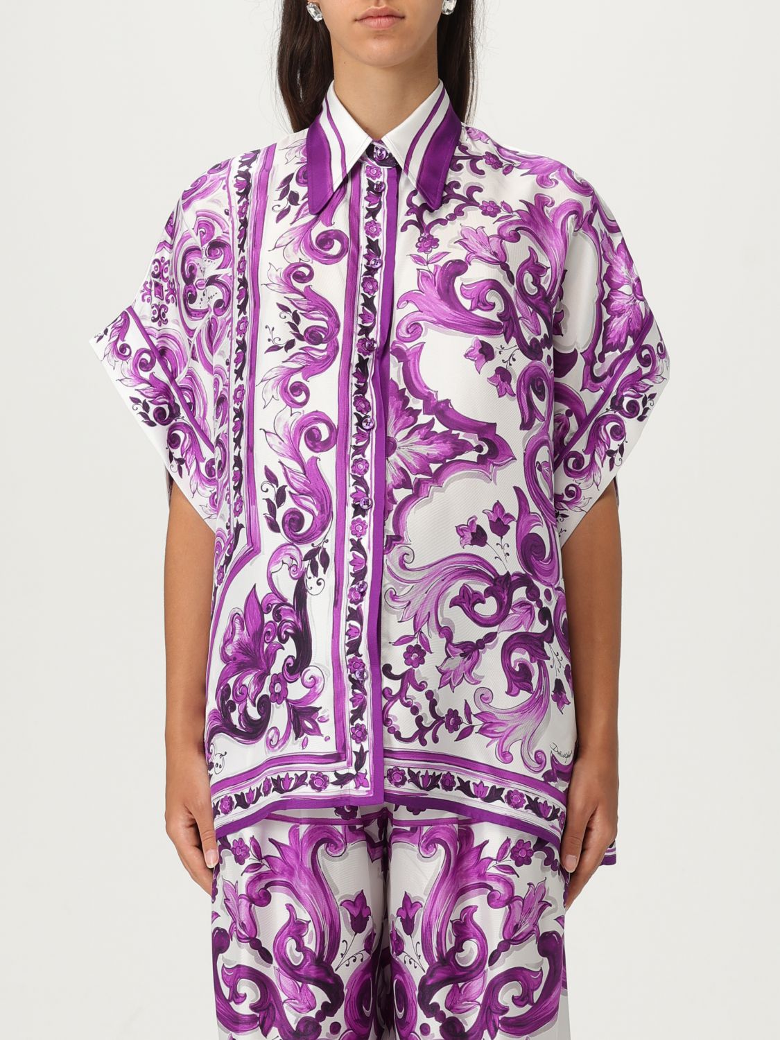 Dolce & Gabbana Silk Shirt With Bold Floral Print In Purple