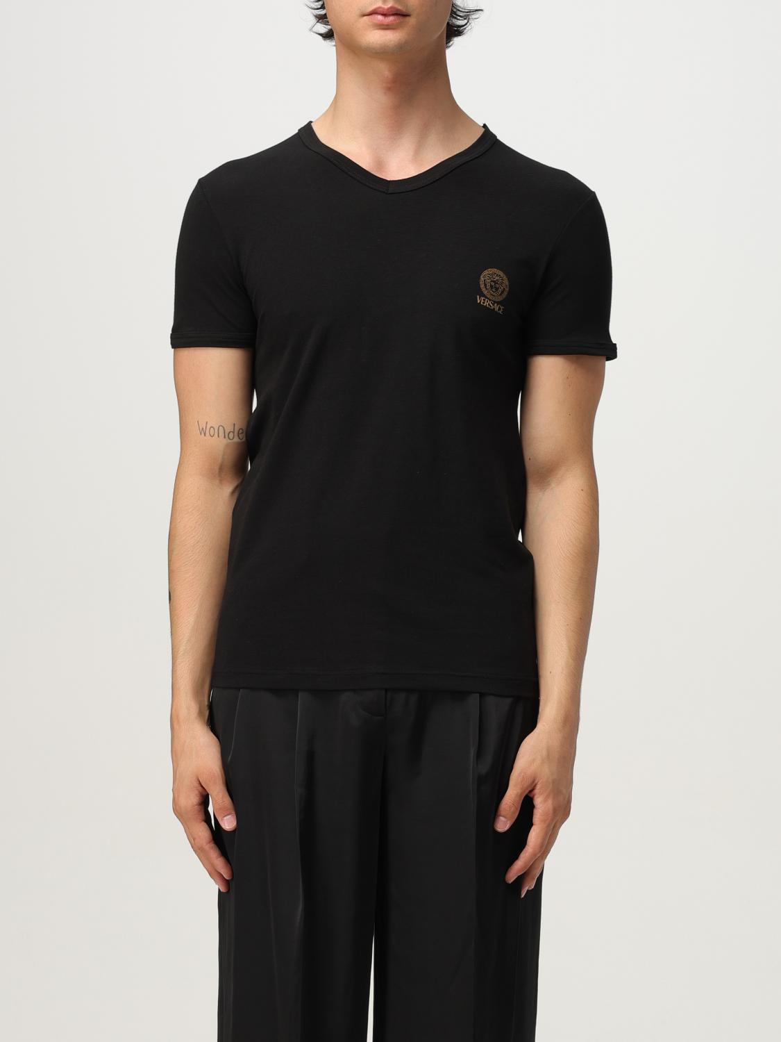 Versace Black Crewneck T-shirt With Medusa Logo Print In Stretch Cotton Man In Black