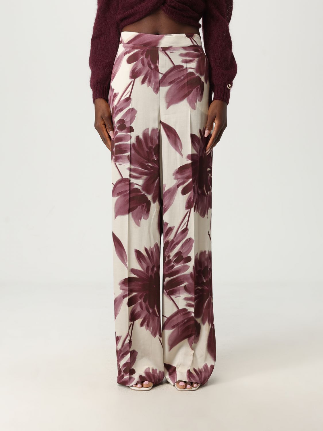 Twinset Floral Pants In Burgundy