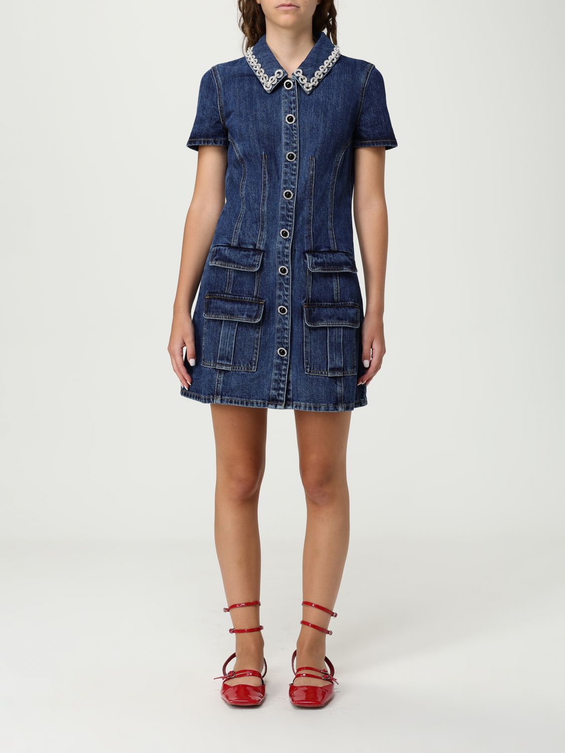 Self-portrait Denim Crystal Trim Collared Mini Dress In Blue
