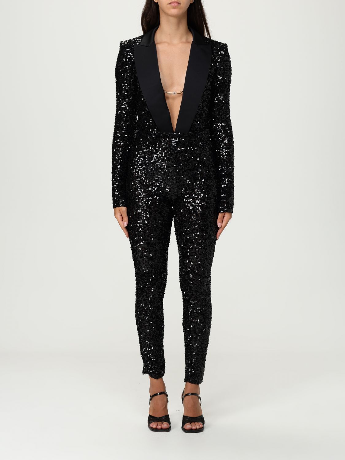 Elisabetta Franchi Sequin Trousers V-neck Embellished Detail In Black