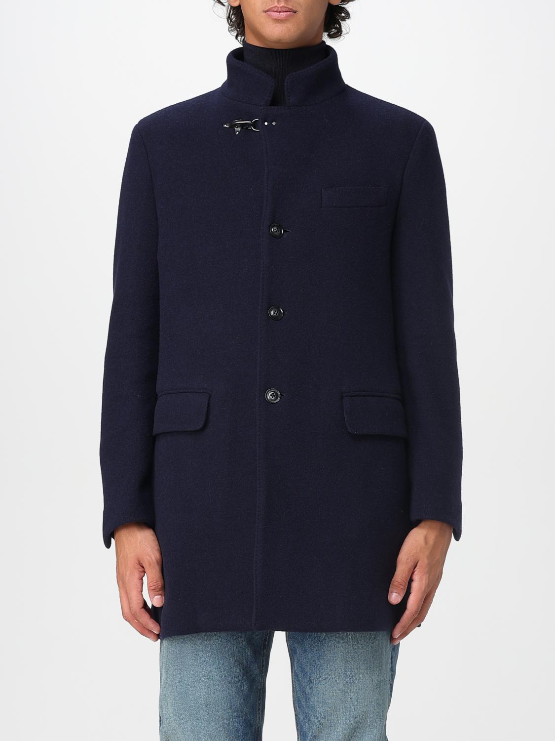 Fay Double Wool Blend Coat With Iconic Hook Closure And Flap Pockets In Blue