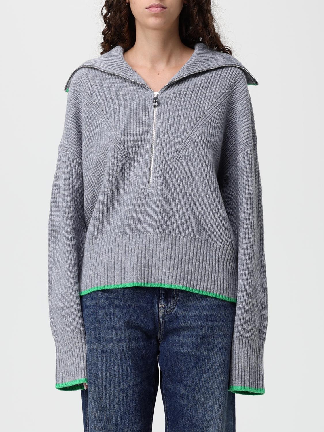 Pinko Ribbed Knitwear With High Collar And Contrast Trim In Gray