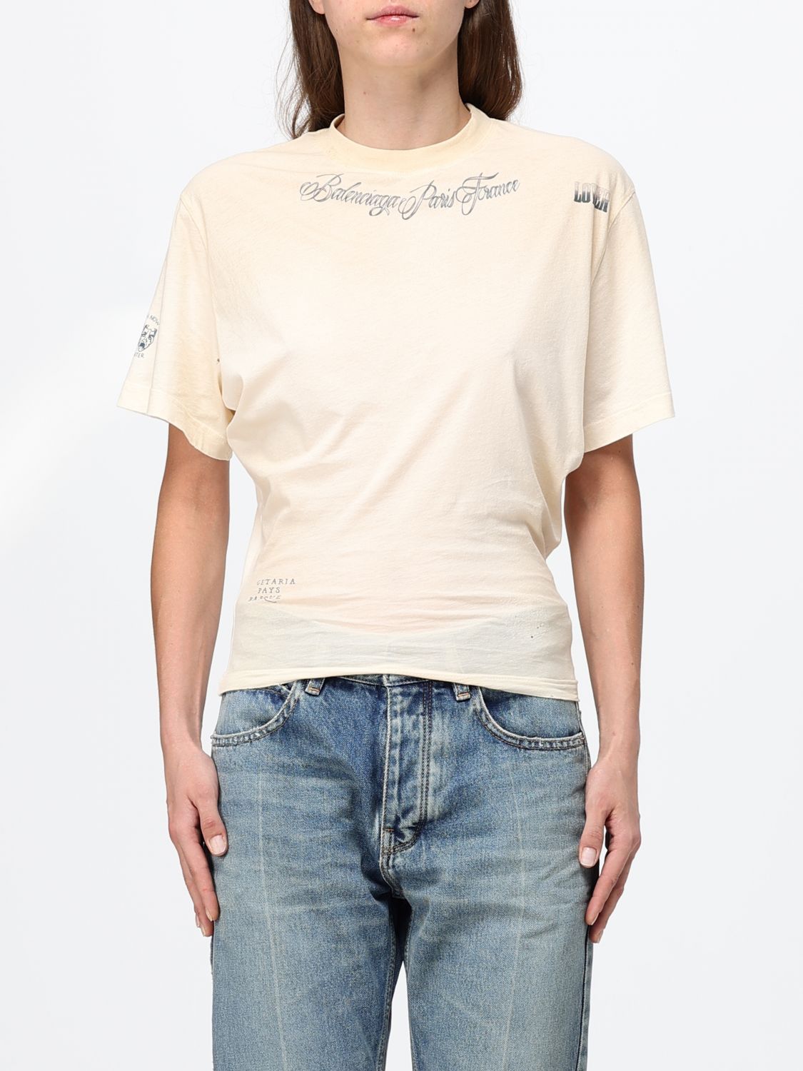 BALENCIAGA Slim Fit Cotton Top in Ivory with Graffiti Logo Print