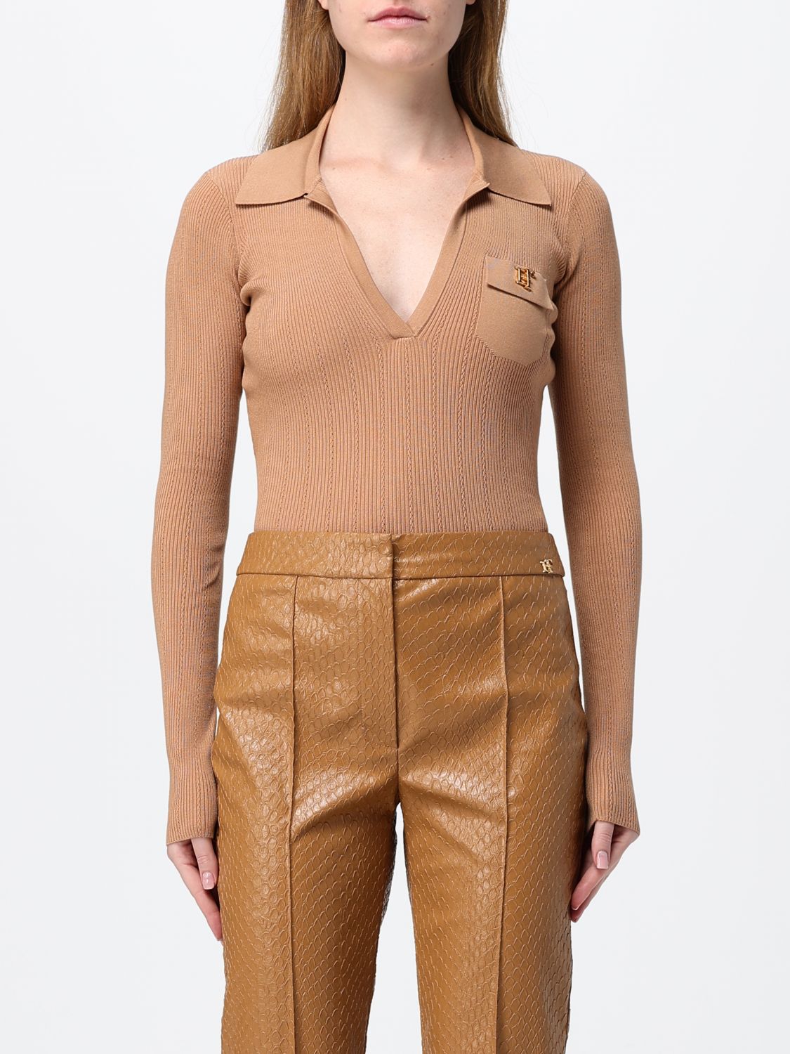 ELISABETTA FRANCHI Body slim fit a maniche lunghe con scollo a V e rouches