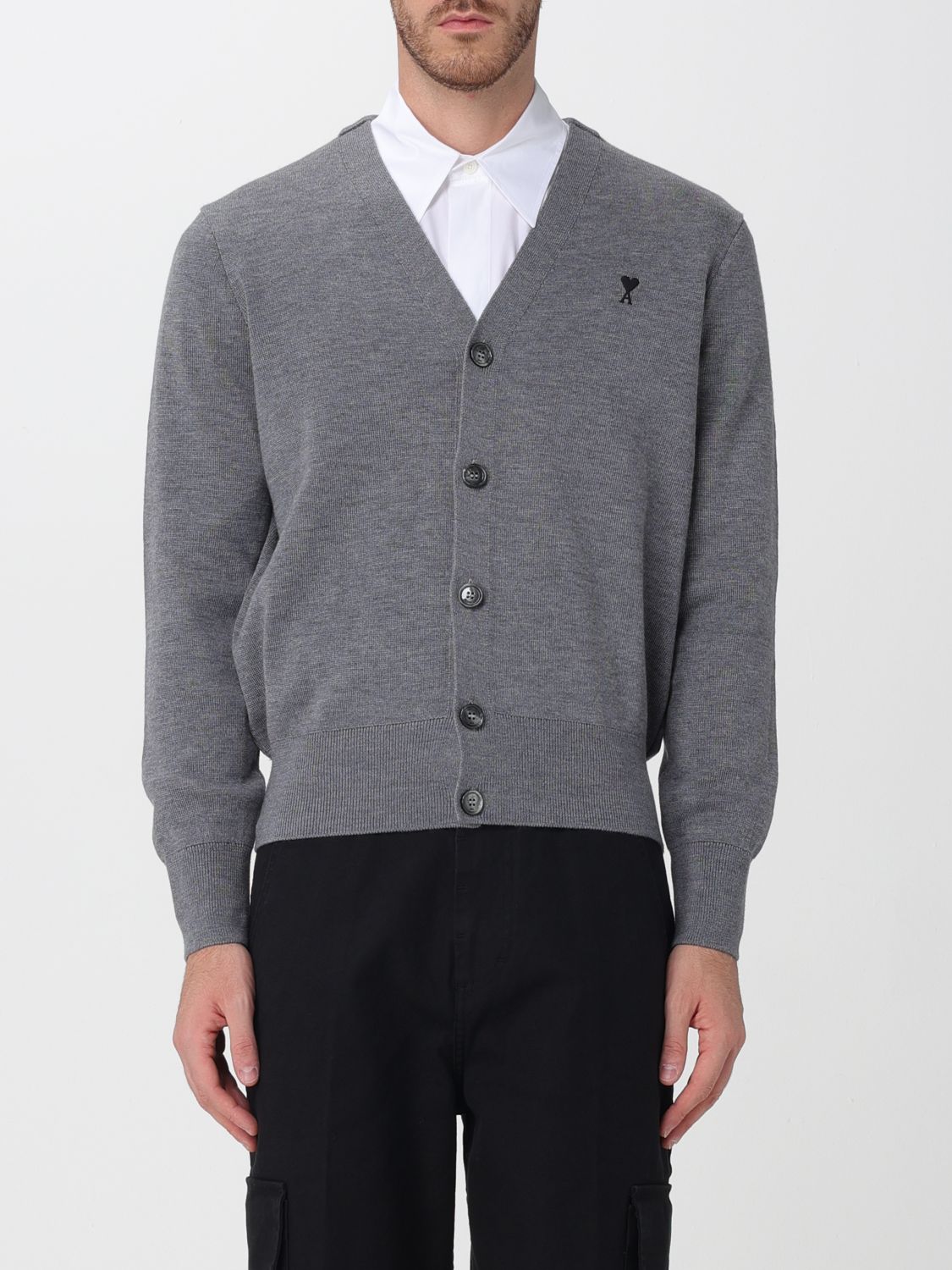 AMI PARIS V-Neck Wool Cardigan with Contrast Embroidered Logo