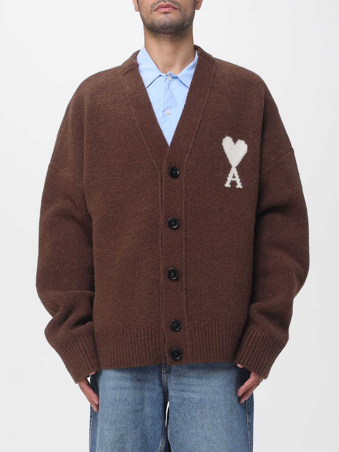 AMI PARIS Alpaca Wool V-Neck Cardigan with Jacquard Logo