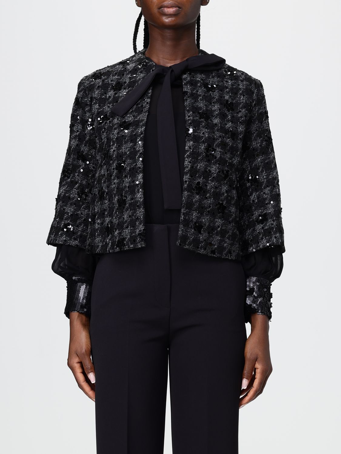 Hanita Cropped Jacket with Houndstooth Embroidery and Sequins
